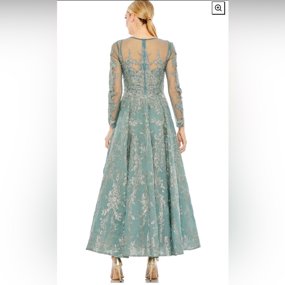 Bow belt illusion teal length evening gown - Picture 2 of 10